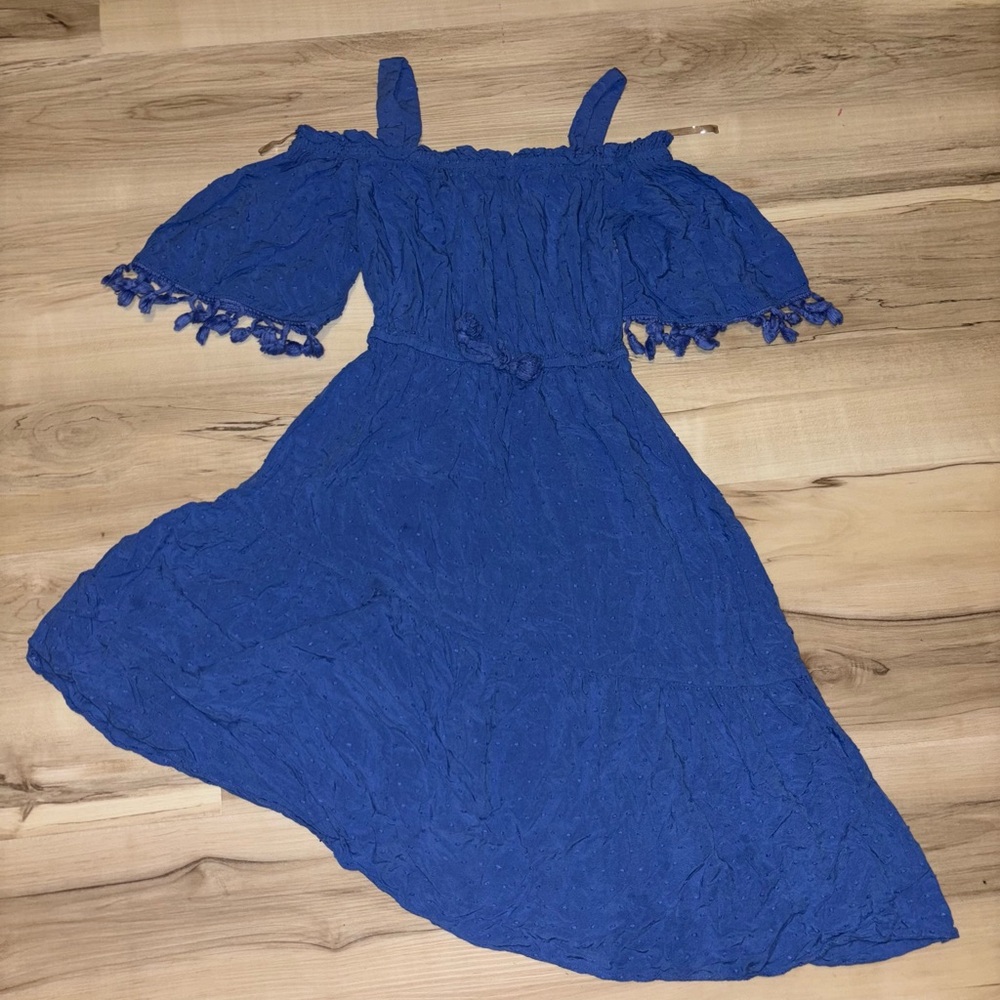 Blue Off-Shoulder Dress with Tassels